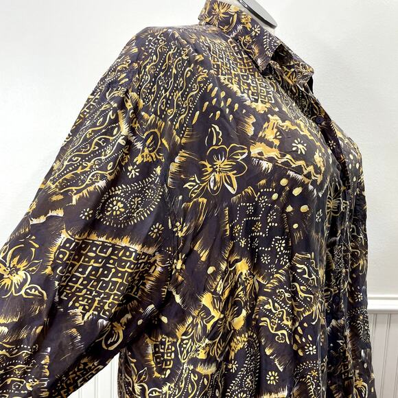 Details Express Plus Size 24 Shirt 100% Silk Button Front Floral Artsy Gray Gold - Picture 4 of 10
